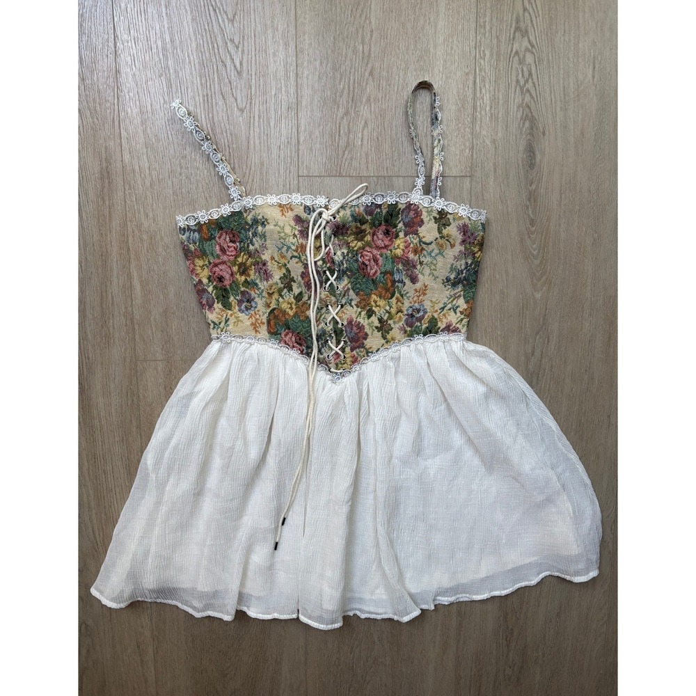 Floral Tapestry Corset Babydoll Top Lace Up Cottagecore Peplum Tank White Medium